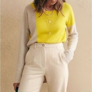 SEA CASHMERE Yellow Oatmeal Colorblock Two-Tone Cashmere Crewneck Sweater